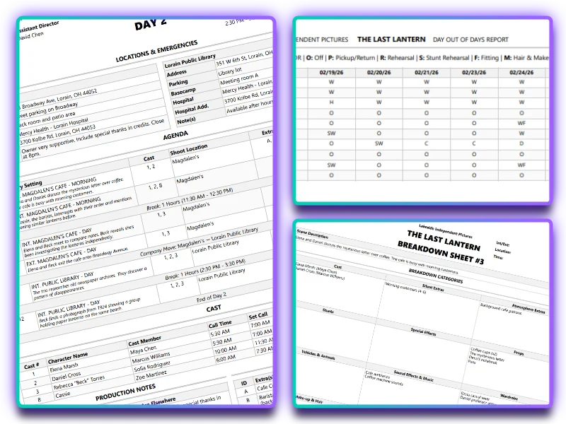 SimpleStrips call sheet screenshot