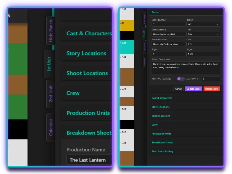 SimpleStrips call sheet screenshot